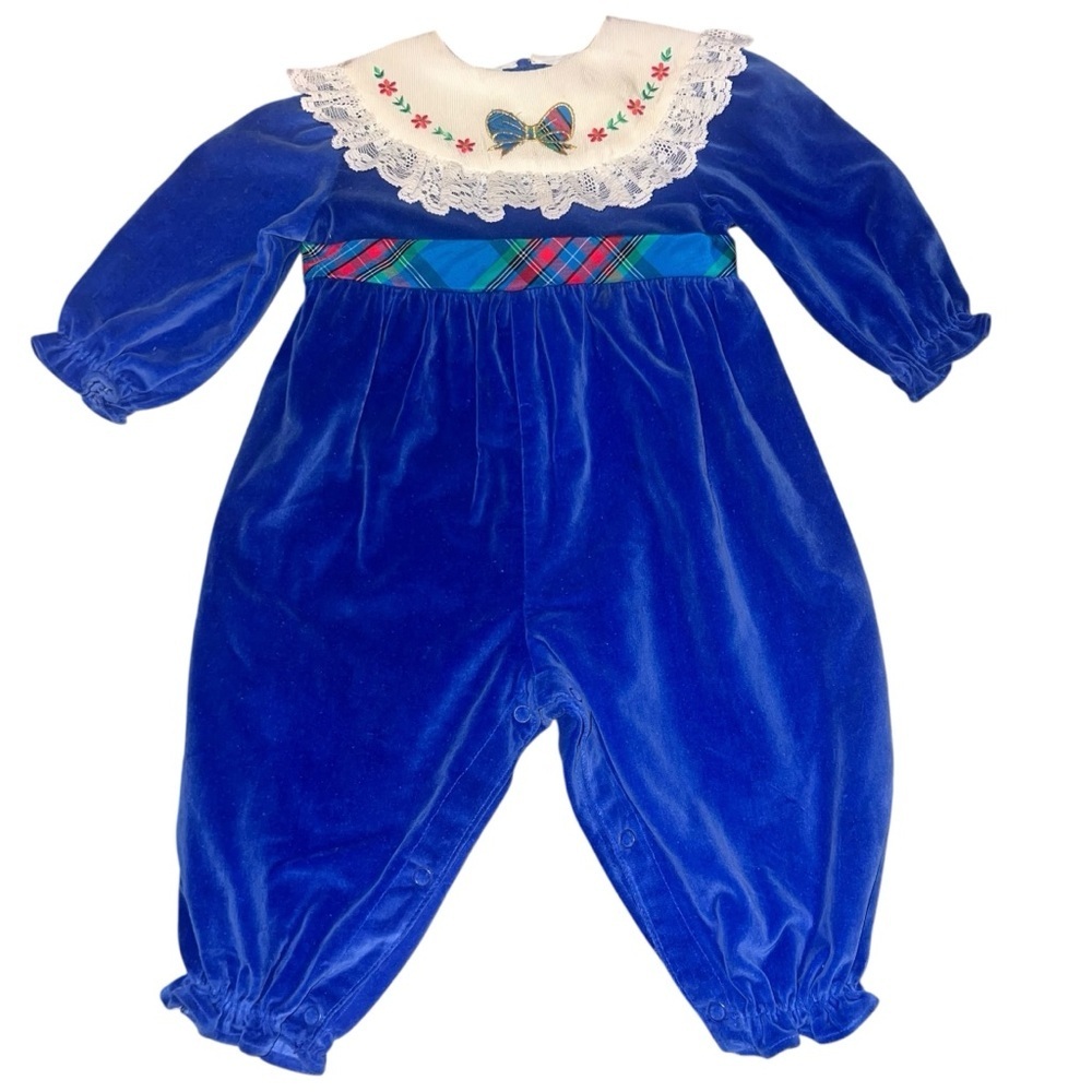 EUC Vintage Royal Blue Velvet Romper Bodysuit Lace Collar Plaid Ribbon 12 month